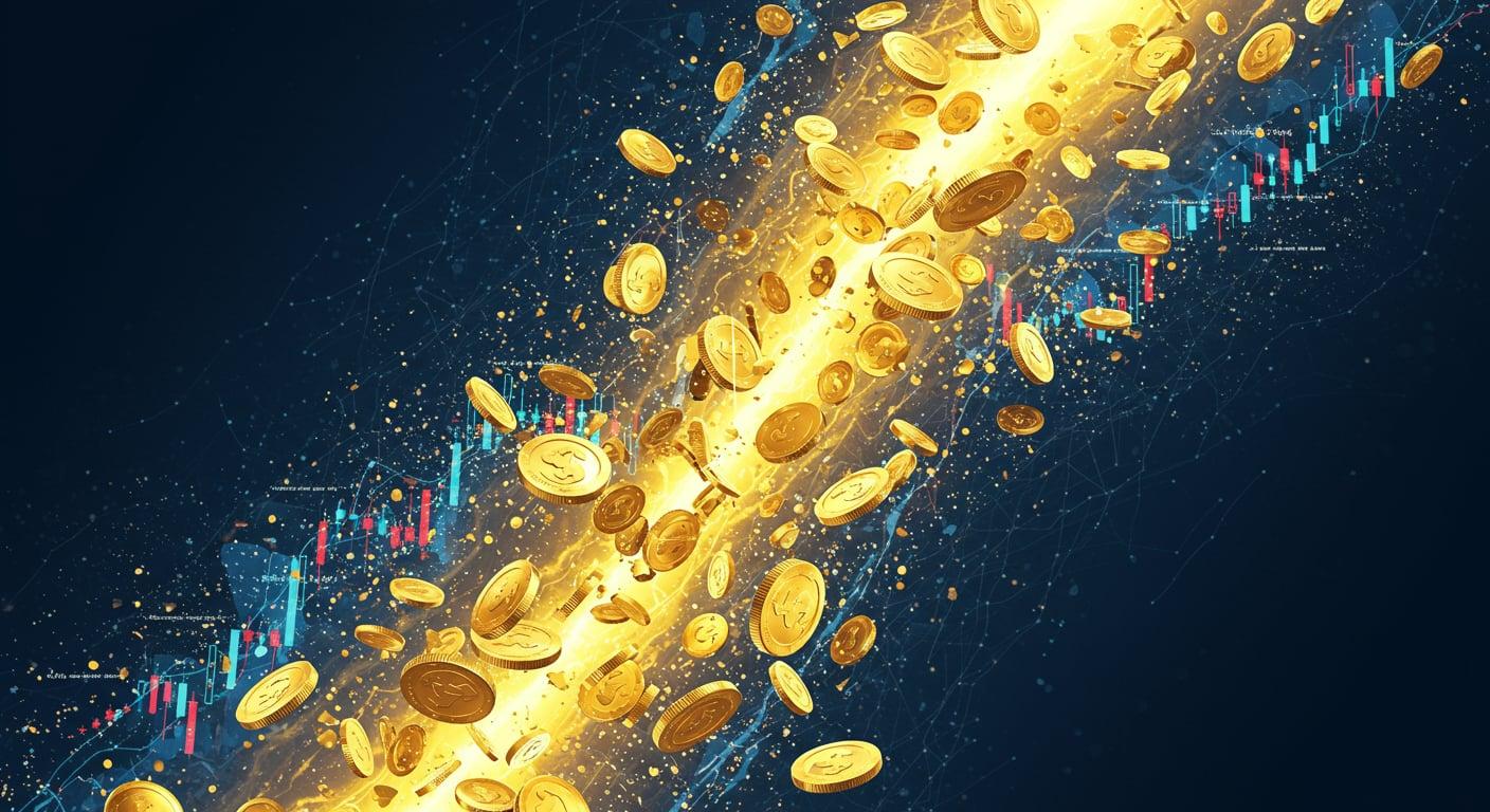 A digital storm of gold coins and abstract financial charts. Pure madness.