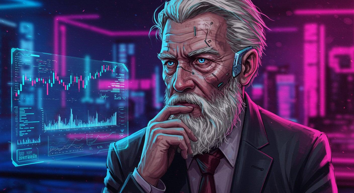 A lone investor navigating a maze of glowing financial data. High stakes.
