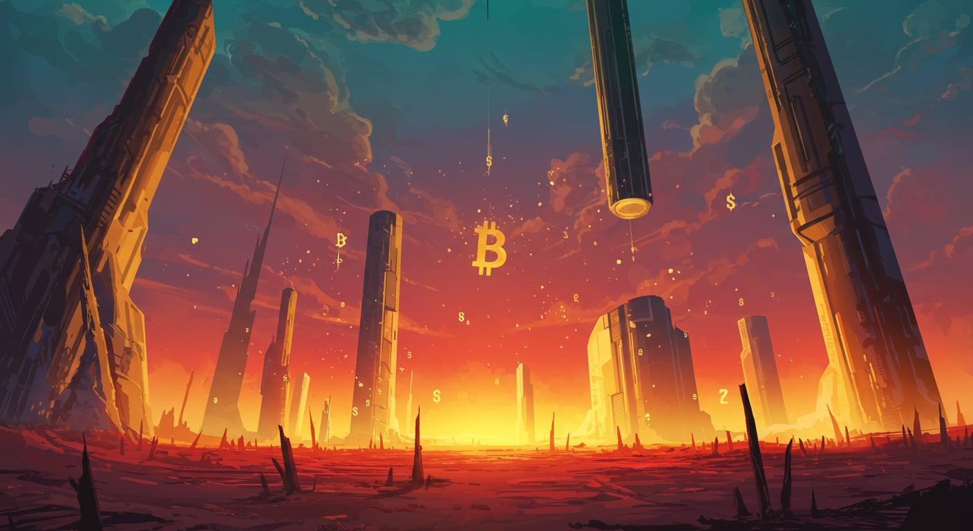 A crowd of figures chasing a glowing orb off a cliff. The power of FOMO.
