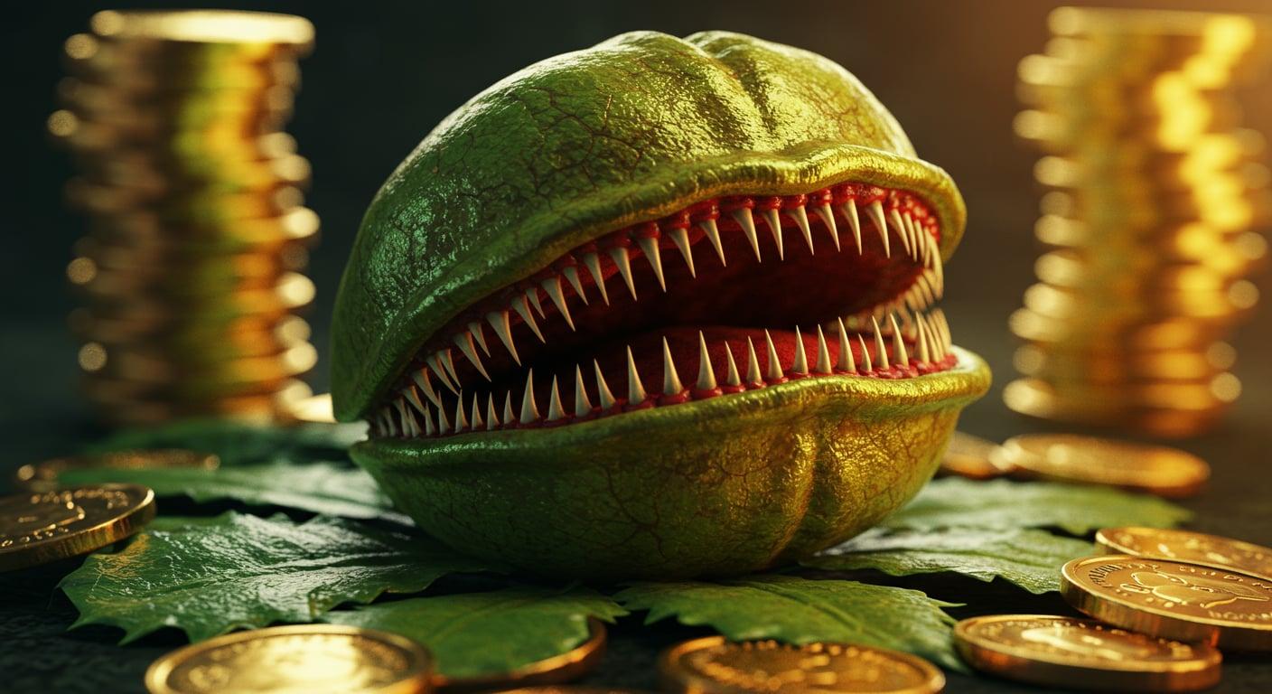 A futuristic digital landscape showing the evolution of financial scams.