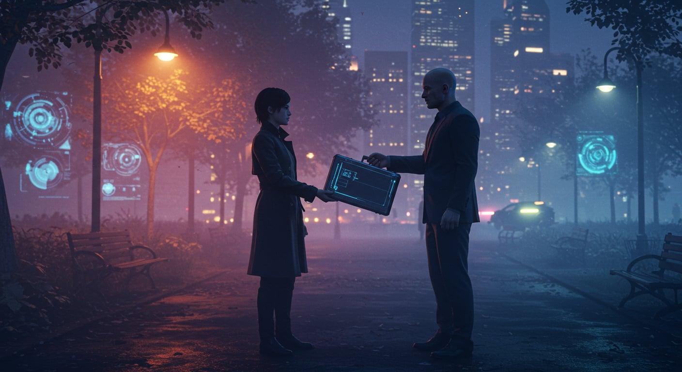 Two spies exchanging a briefcase in a foggy park. A necessary, tense alliance.
