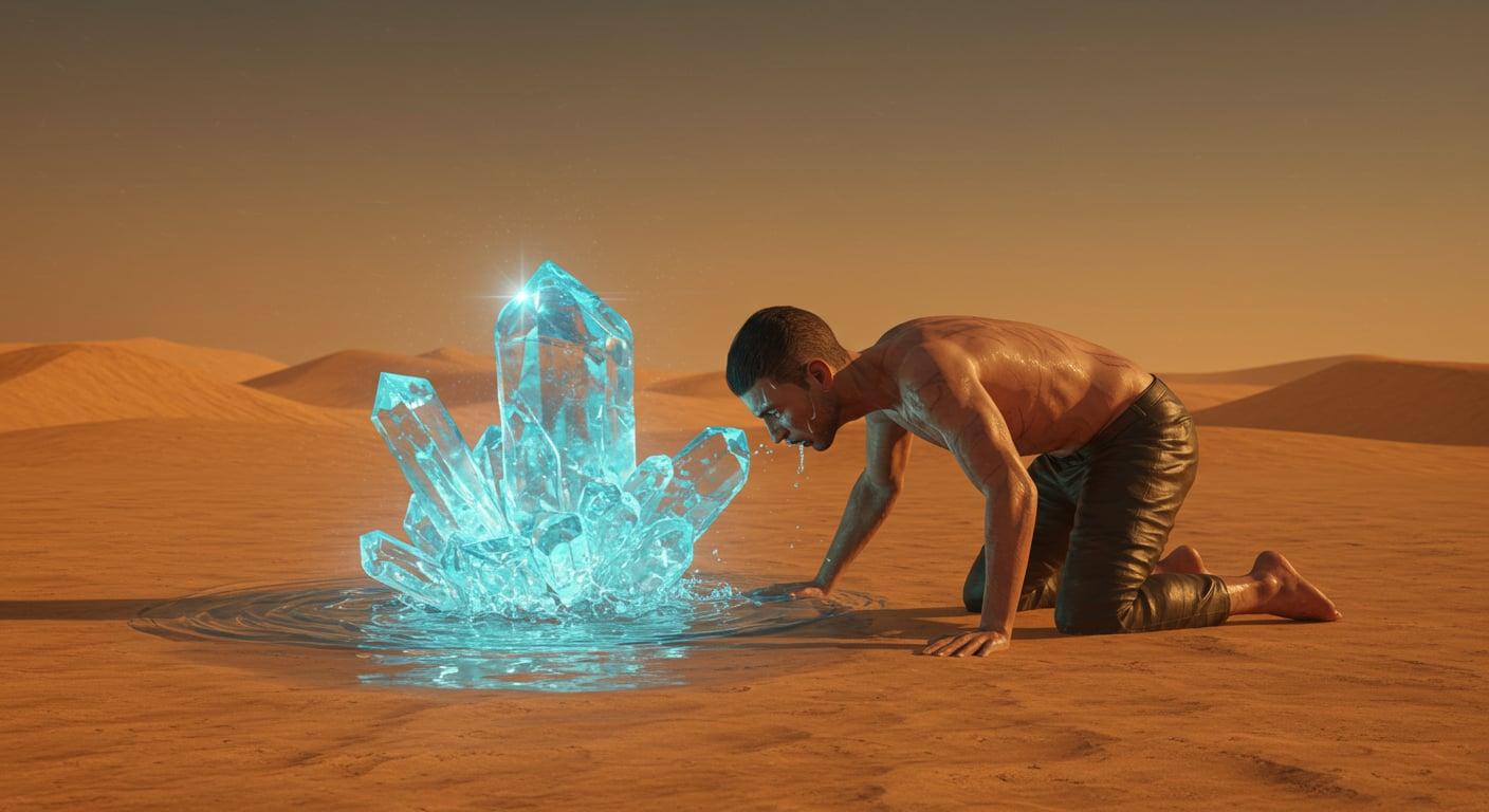 A thirsty man drinking from a desert mirage. The terrible power of hope.