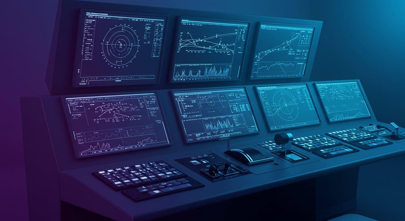 An air traffic controller's console, screens glowing with critical flight data.