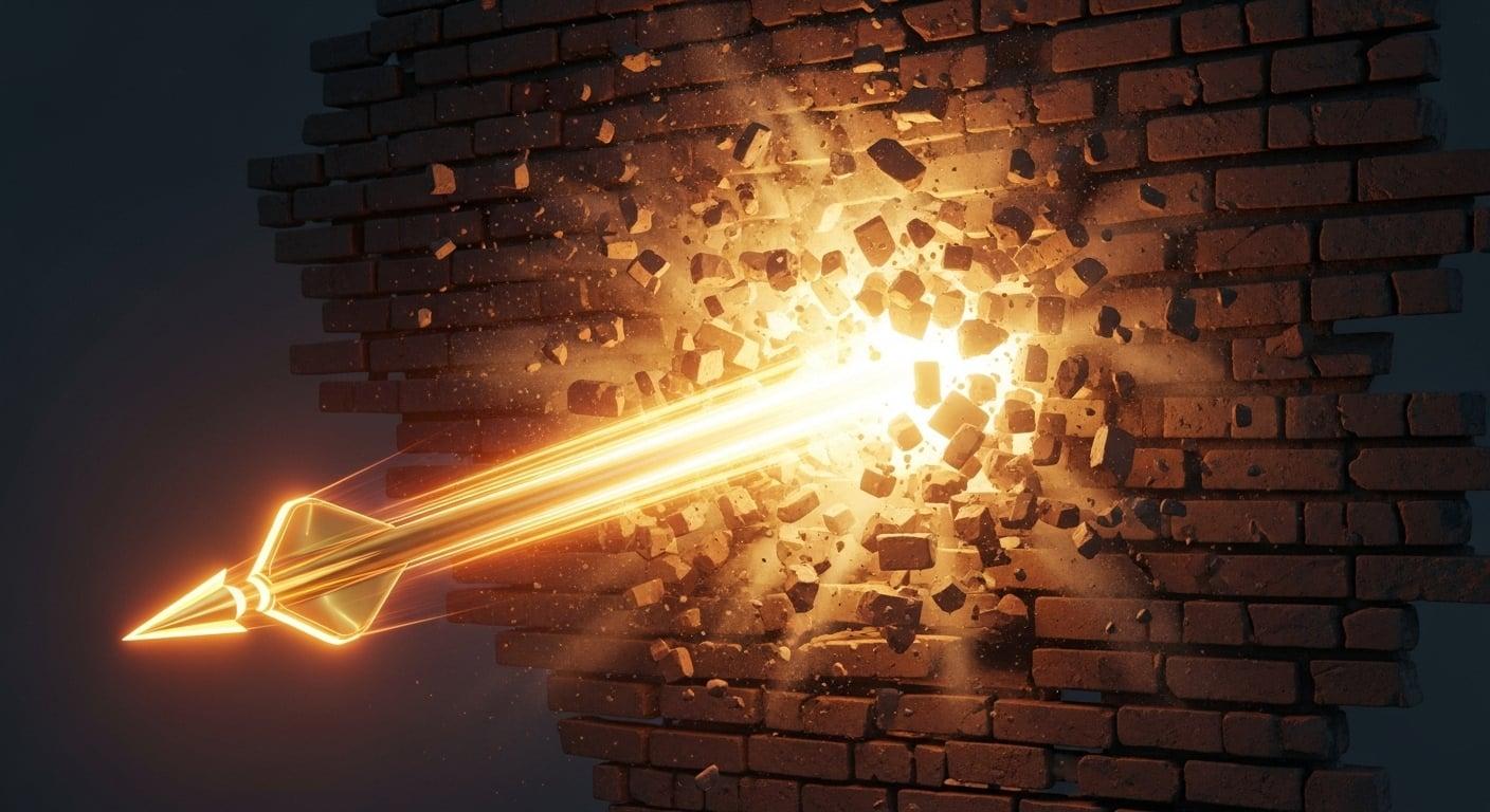 A single golden arrow blasting through a wall of crumbling brick. An outlier.