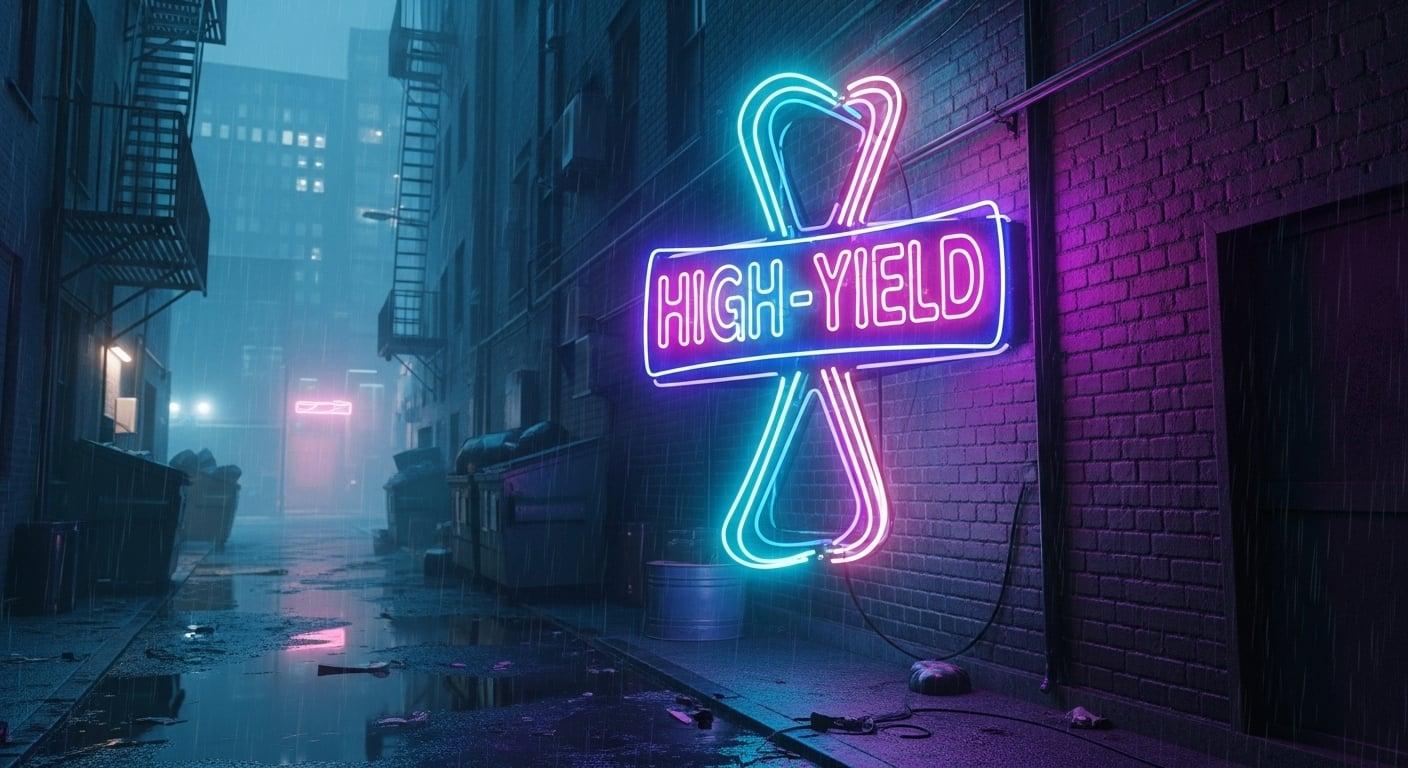 A twisted neon sign flickering 'High-Yield' in a rain-slicked alley.