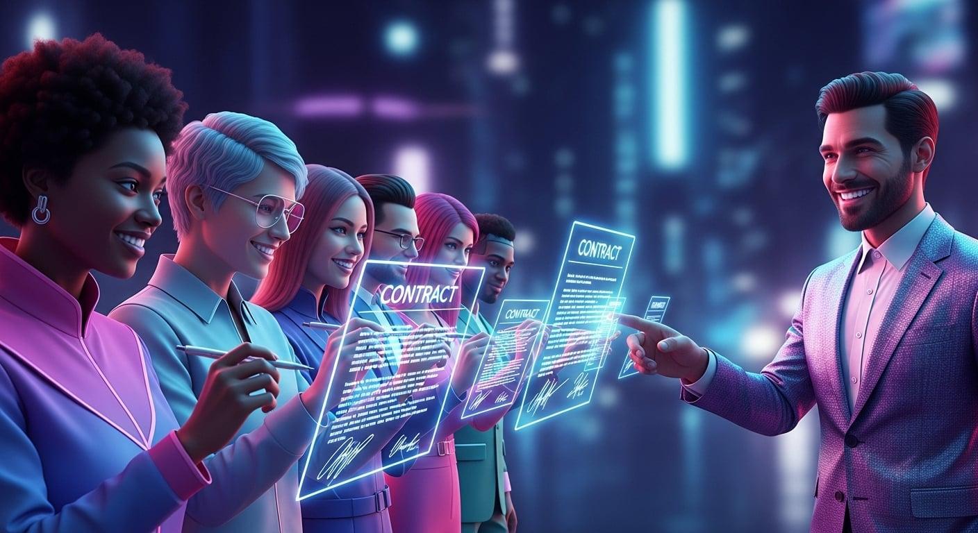 A cat-and-mouse game, with a scammer in a hoodie constantly changing masks to evade a regulator.