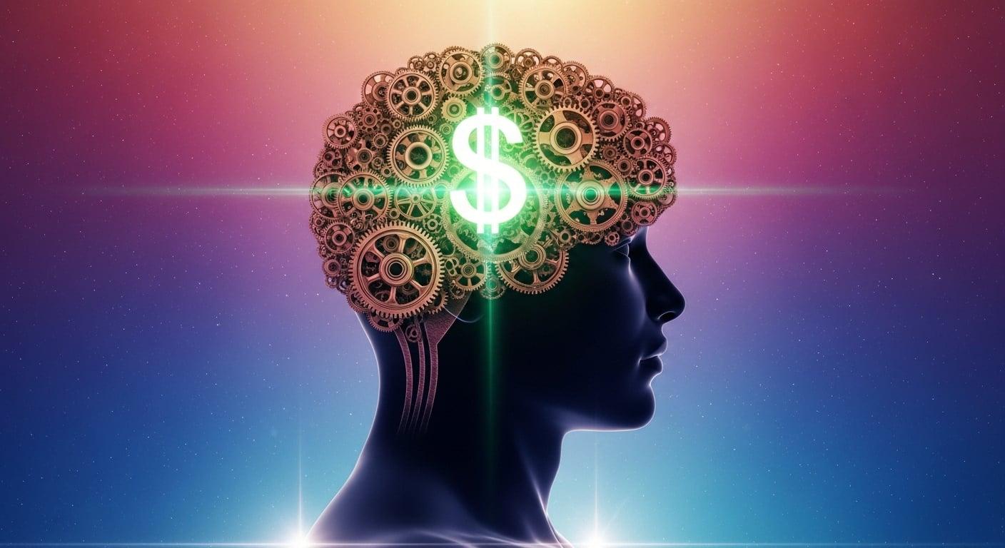A slot machine, its wheels showing dollar signs, bitcoins, and rising green arrows.