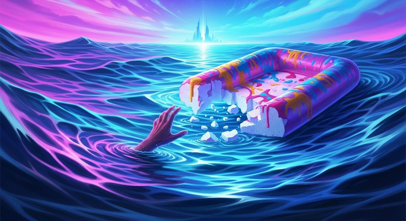 A mythical siren singing on a rock, luring a ship full of investors toward a massive, glowing '5% Daily' sign.