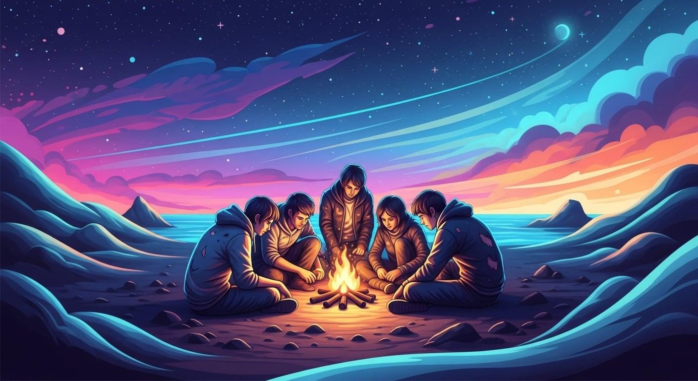 A fortress made of hardware wallets, secure and offline, while a flimsy wooden hut labeled 'Hot Wallet' burns in the distance.