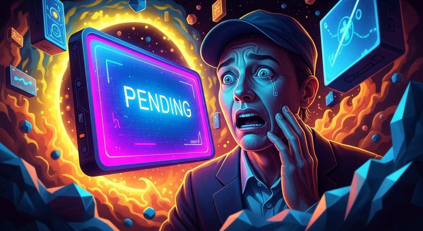 A terrified investor staring at a 'pending' screen, a digital purgatory.