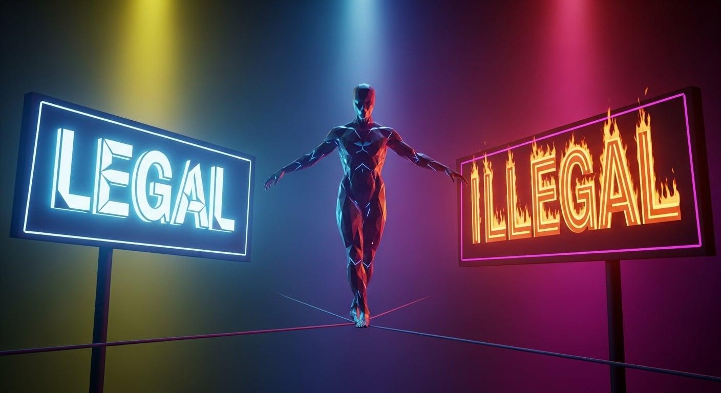 A shadowy figure walking a tightrope between 'Legal' and 'Illegal' signs.