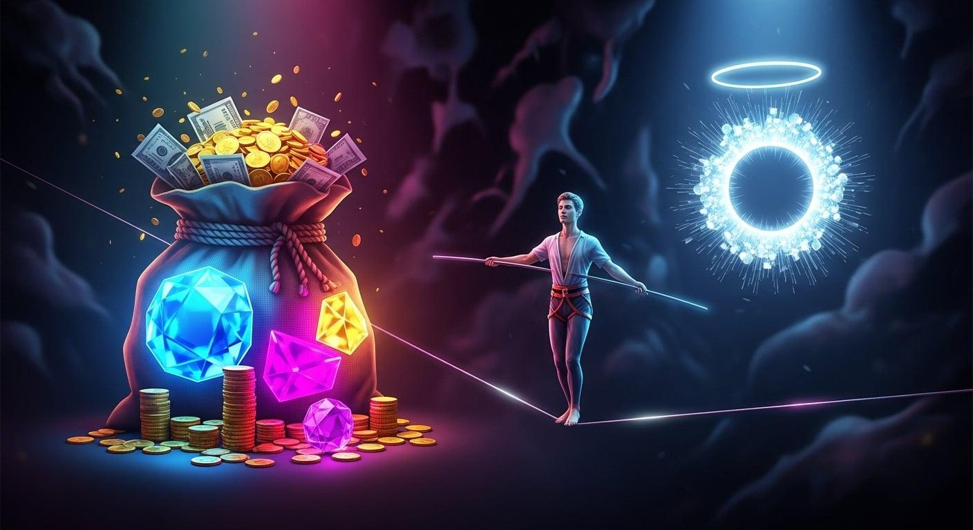 A tightrope walker balancing between a bag of money and a halo, the monitor's paradox.