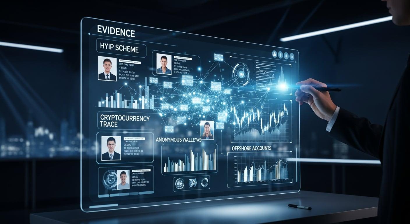 A detective's evidence board in a dark room, connecting the digital threads of a complex HYIP scheme.