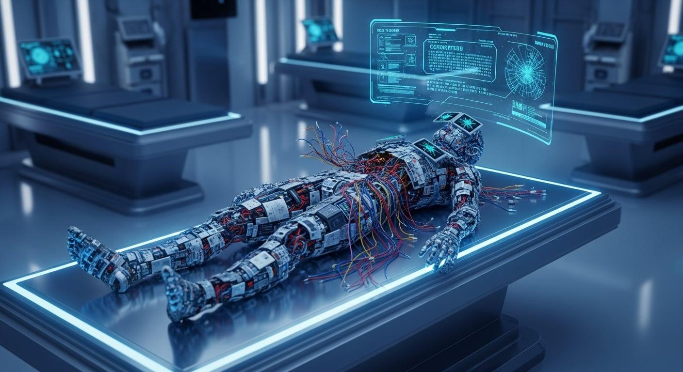 The cold, sterile light of a morgue, illuminating the flawed anatomy of a freshly dead 'fast scam'.