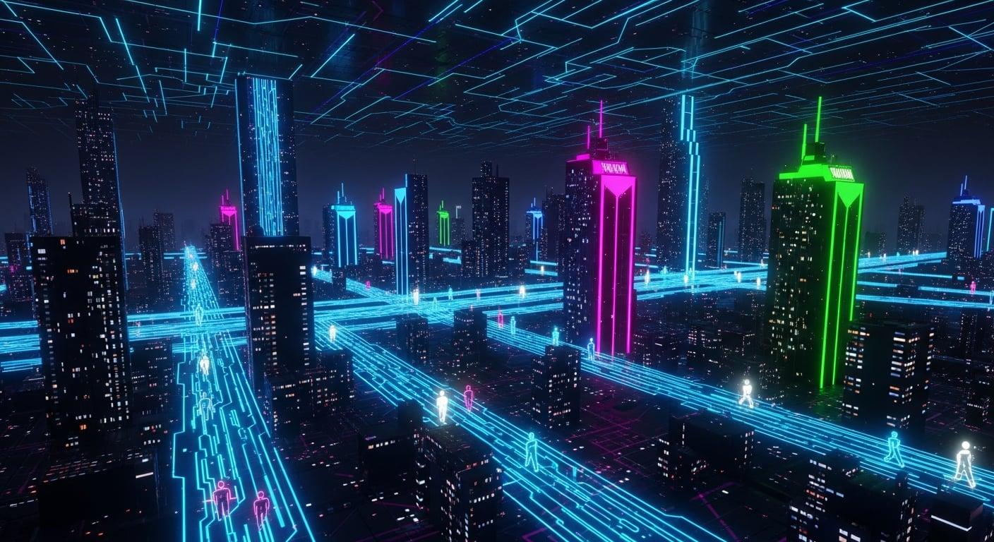 A sprawling, neon-drenched circuit board, each node a player in the grand, electric con.