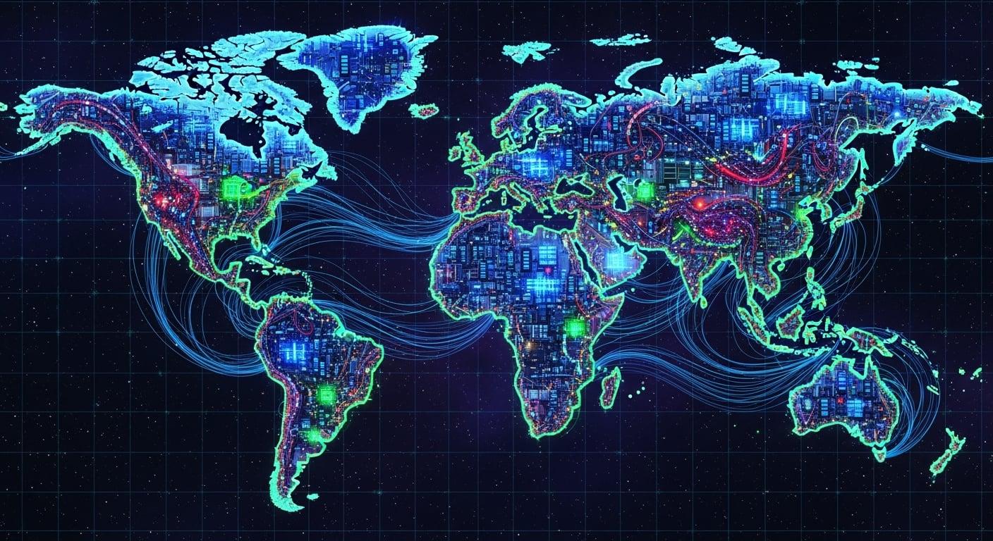 A map of the world, but the continents are made of tangled wires and glowing server farms.