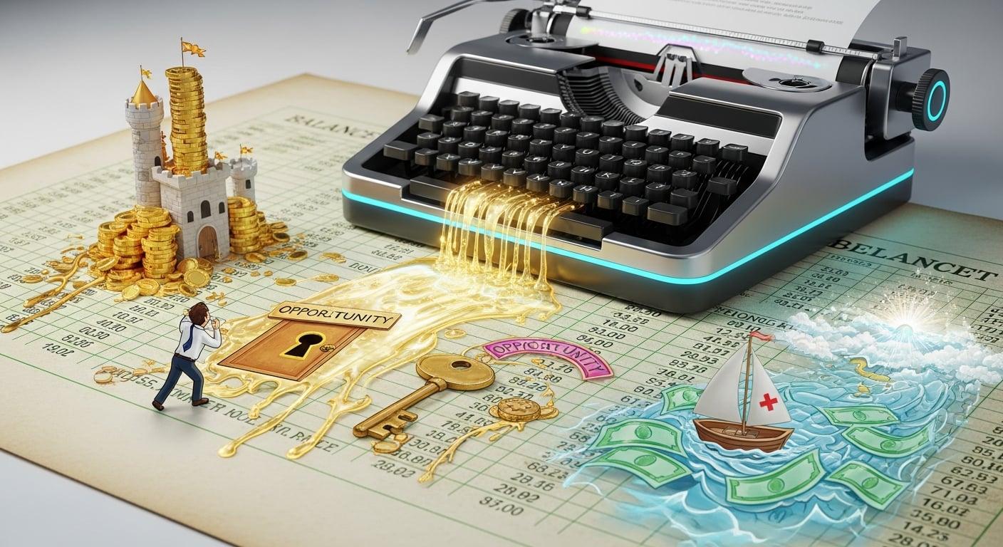 A typewriter bleeding ink onto a balance sheet, crafting a fairy tale for the financially desperate.