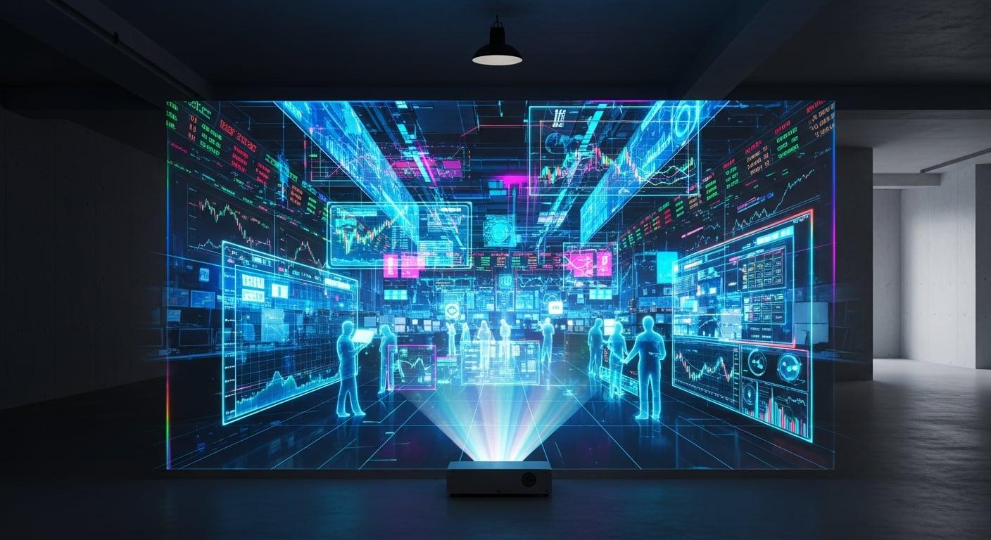 A holographic projection of a high-tech trading floor, hiding the empty room behind it.
