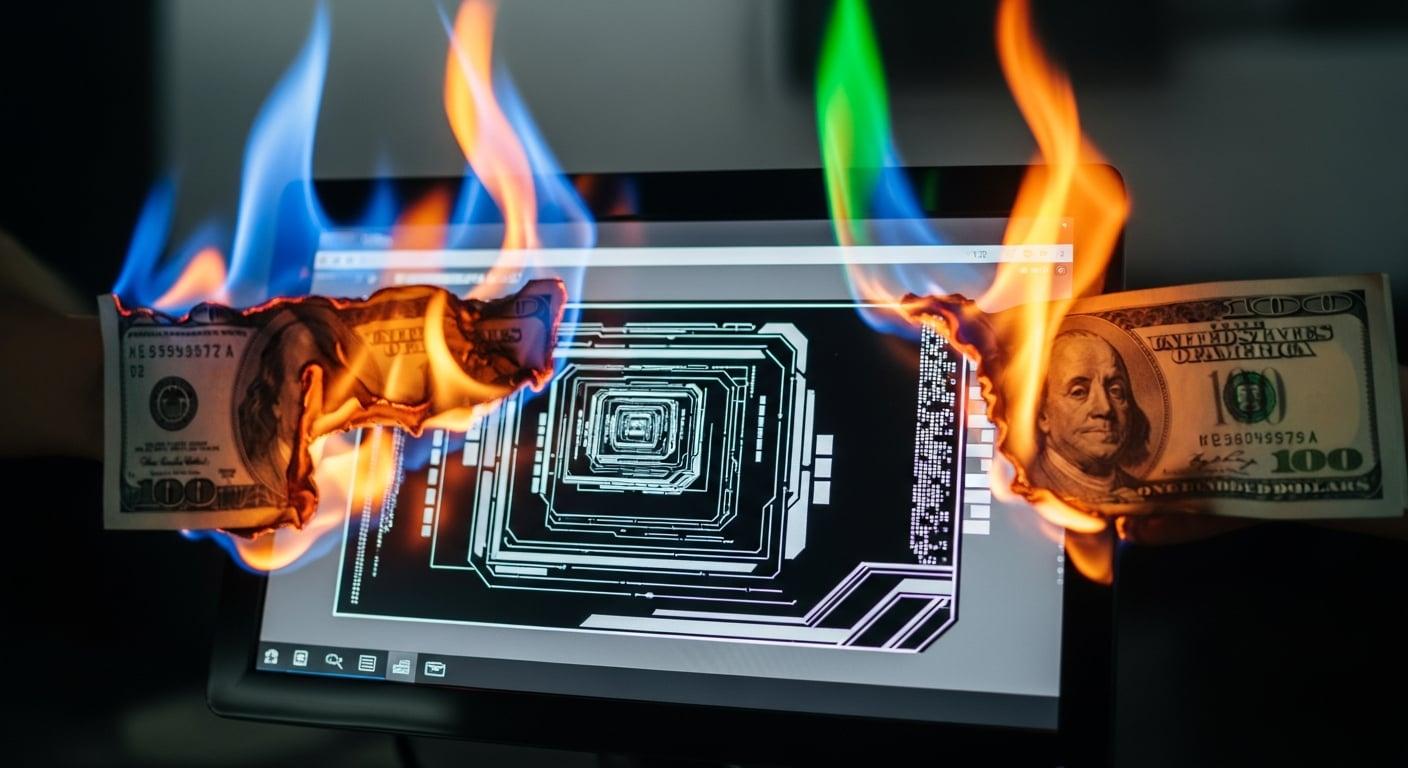 A blurry, high-speed photograph of money burning, the flames licking at the edges of a greyscale monitor.