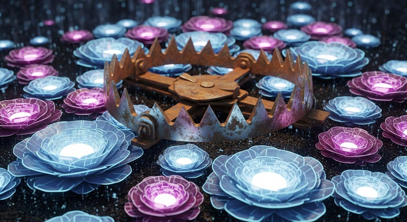 A rusted bear trap sitting open on a bed of digital flowers, waiting for the first misstep.