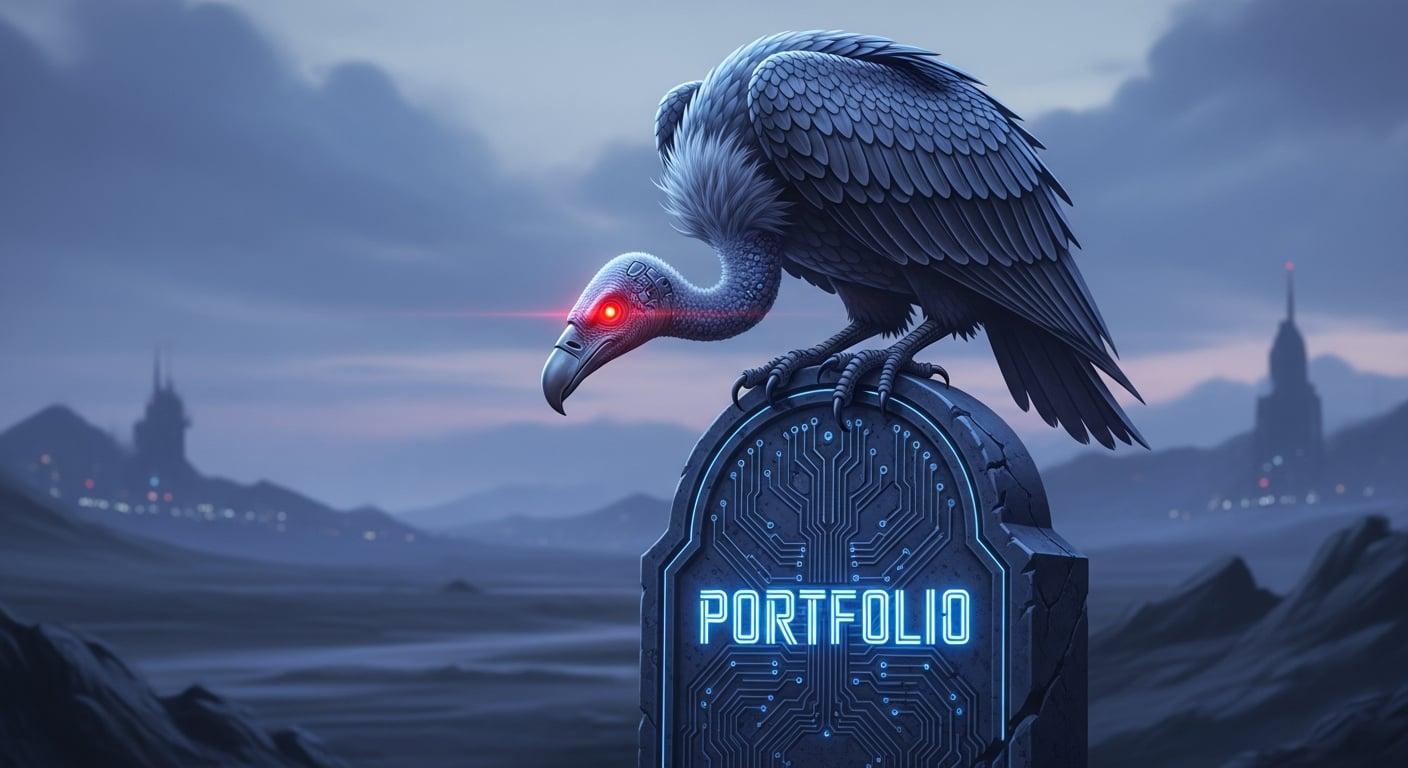 A vulture perched on a tombstone marked 'Portfolio', waiting for the grieving relative to return.