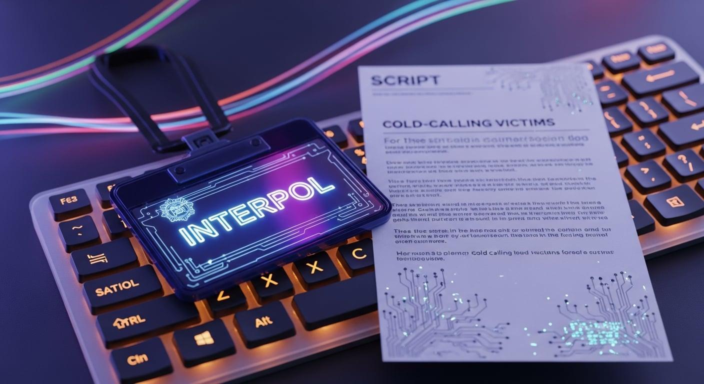 A fake Interpol badge lying on a keyboard next to a script for cold-calling victims.