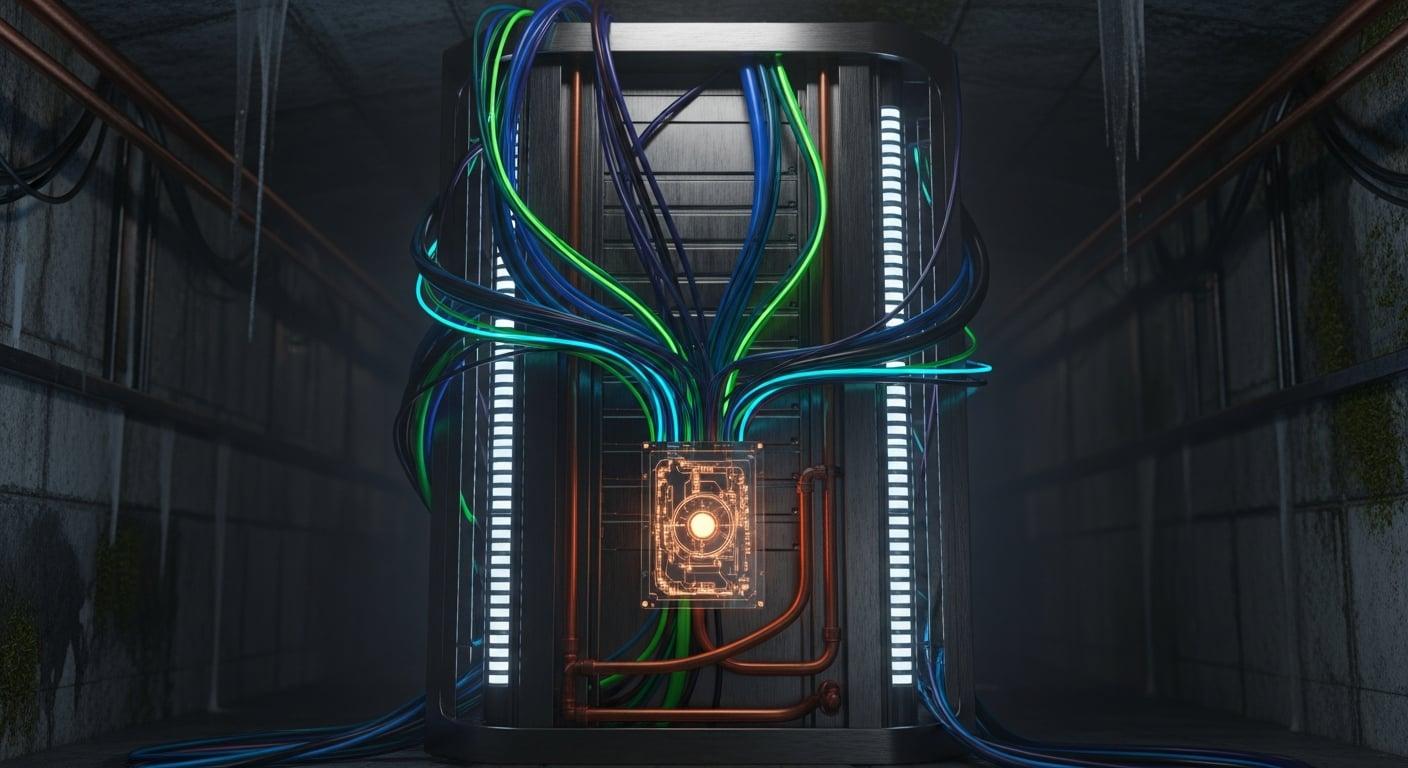 A server rack in a dimly lit bunker, cables snaking like vines around a blinking hard drive.