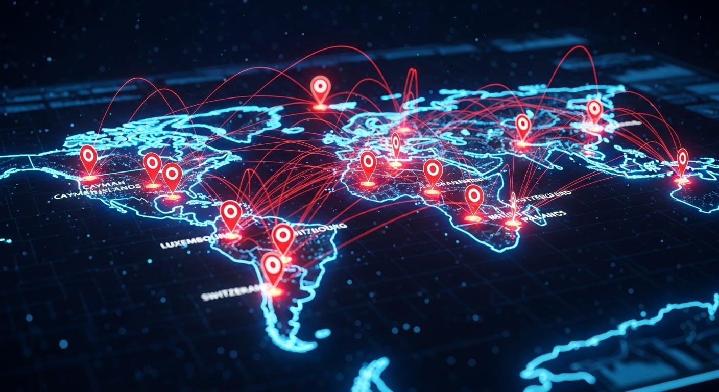 A world map with pins dropped on offshore havens, connected by glowing red data lines.