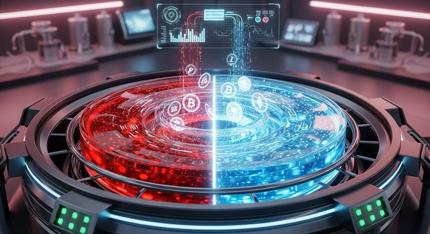 A centrifuge spinning rapidly, separating clean digital coins from the dirty blood money of a scam.