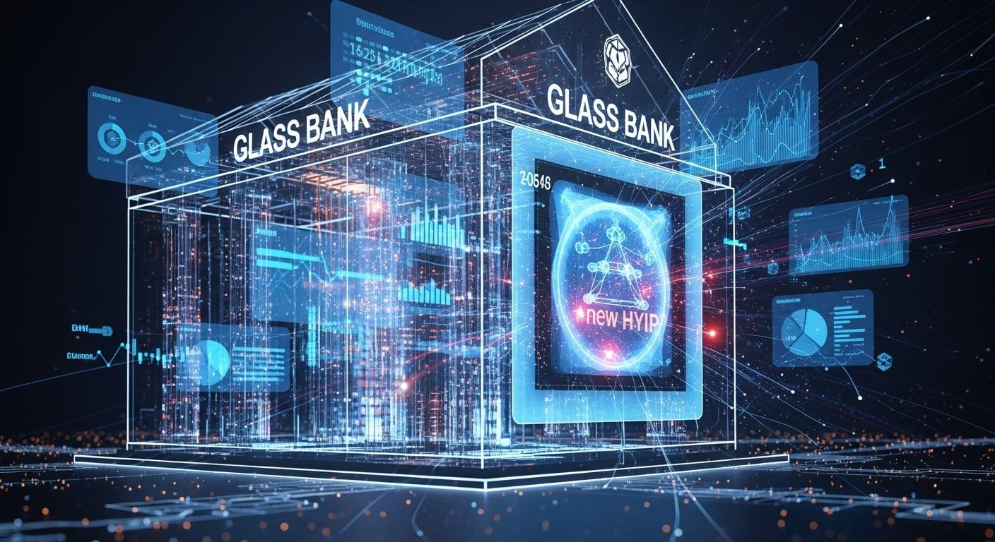 A glowing digital wireframe of a bank vault, but the walls are transparent glass revealing empty shelves.