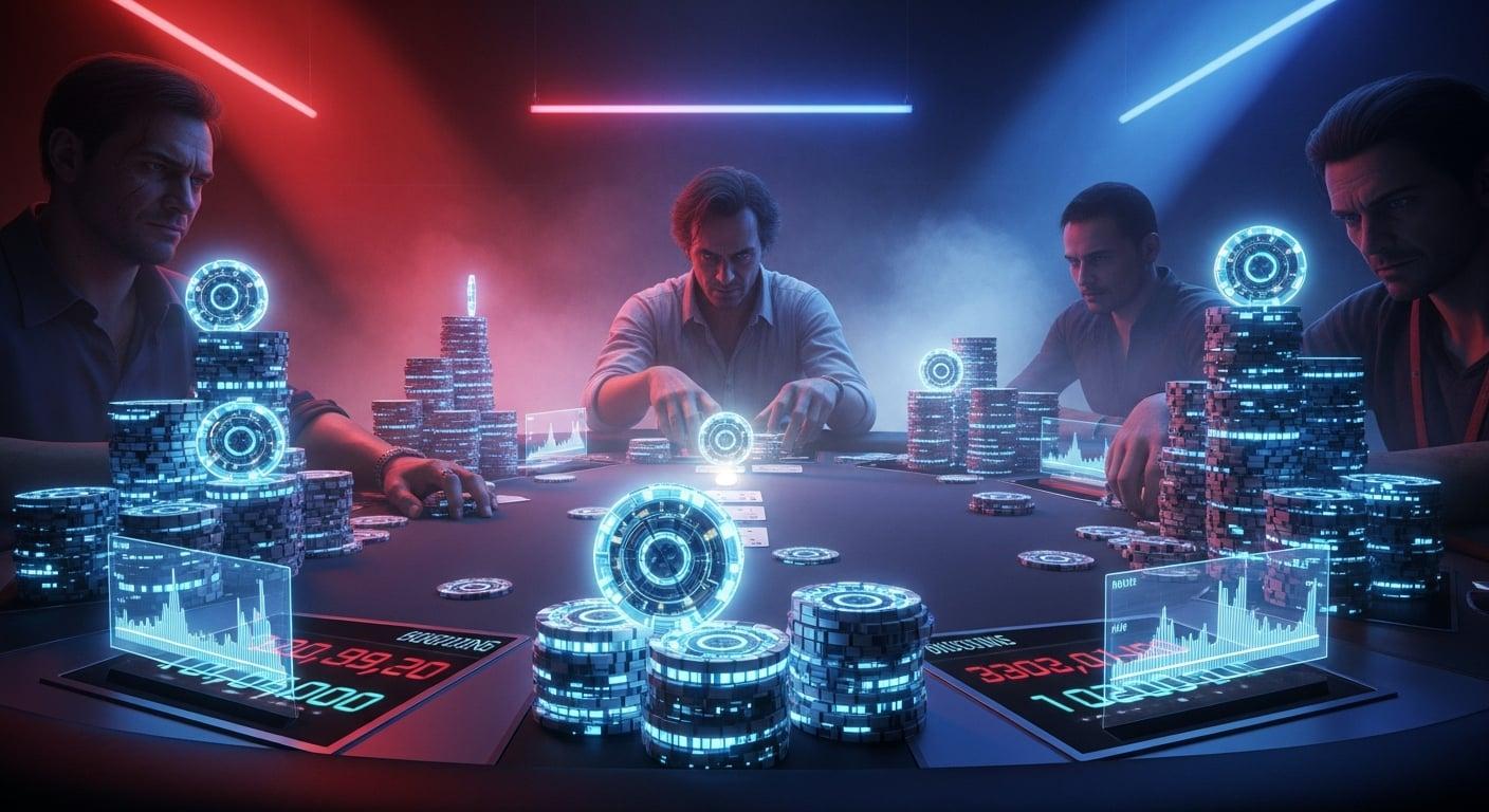 A poker table in a smoke-filled room, where the chips are worth more than the players' lives.